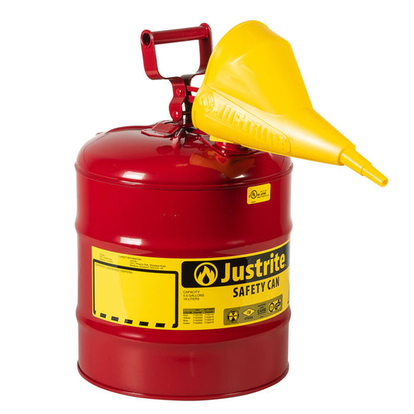 Justrite 5 Gallon Steel Safety Can for Flammables, Type I, Funnel, Flame Arrester, Red (5 Gallons, Red)